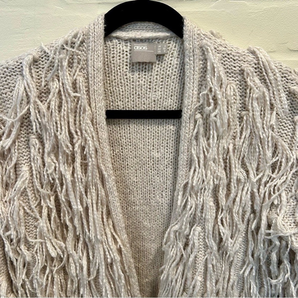 ASOS Cream Fringe Shaggy Open Front Cardigan Boho Festival 70’s Revival Size 0 - Picture 3 of 7
